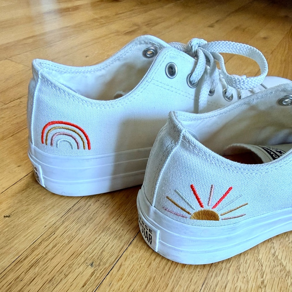 Converse White Low-Top Platform Canvas Sneakers with Sun and Rainbow Embroidery - Picture 6 of 8